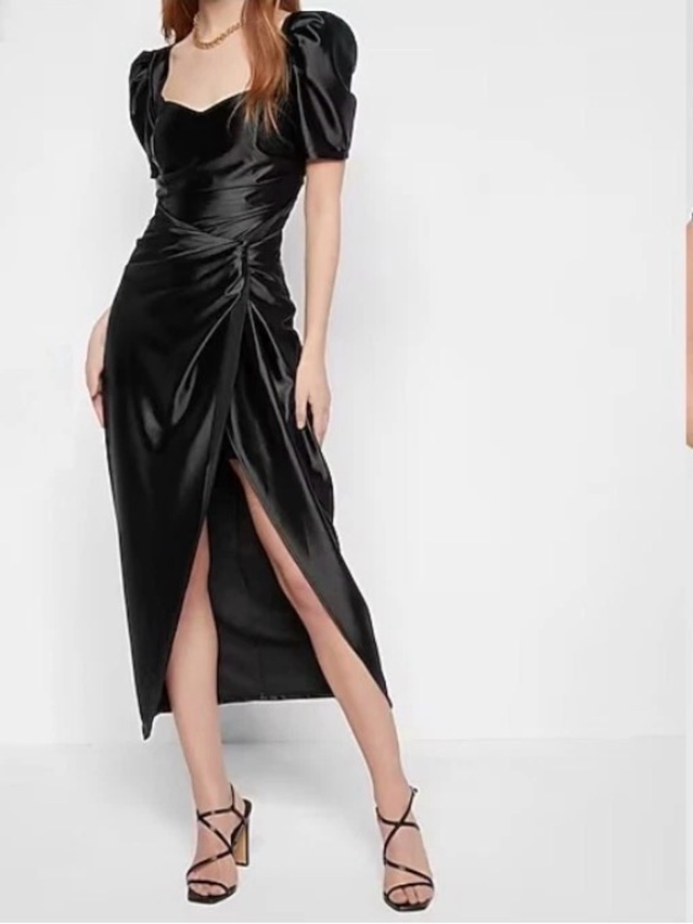 Express Black Satin Midi Dress with Puff Sleeves. Size Medium